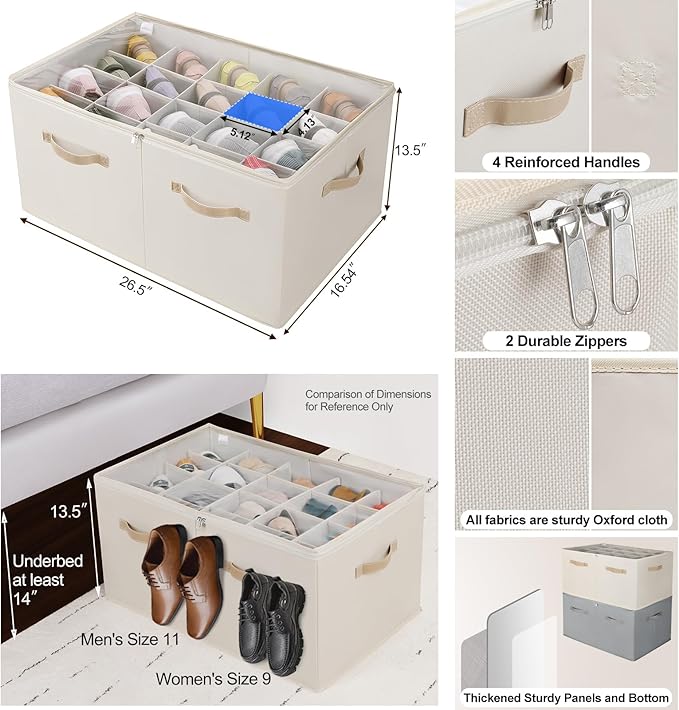 Shoe Organizer for Closet, Foldable Shoe Box with Adjustable Dividers and Clear Cover, Space Saving Shoe Storage Organizer Cabinet with Reinforced Handles, Fits 20 Pairs, Beige TP10Y