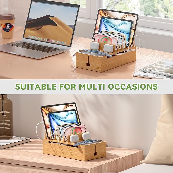 Pezin & Hulin Cell Phone Charging Station for Multi Devices, All in One Desktop Charger Organizer, with Power USB Charge Adapter and 6 Cables, Use As Power Strip Hidden Box -Natural Bamboo Color
