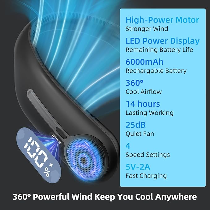 Portable Neck Fan,Hands Free Personal Wearable Bladeless Fan,6000mAh USB Rechargeable,360° Cooling,LED Display,4-Speeds,Birthday Gifts for Men Women Dad Mom,Valentines Day Gifts for Her Him (Black)