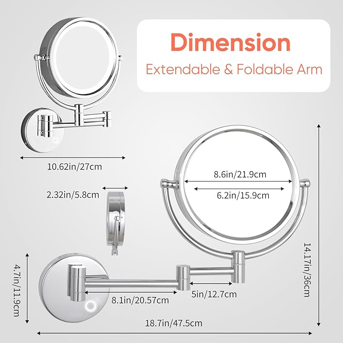 GURUN Wall Mounted Hardwired Makeup Mirror with 3 Tones Dimmable LED Lights 10x Magnifying Mirror with Touch Control for Bathroom Bedroom 13" Extendable Arm Direct Wire M1809D-T(10x,Chrome)