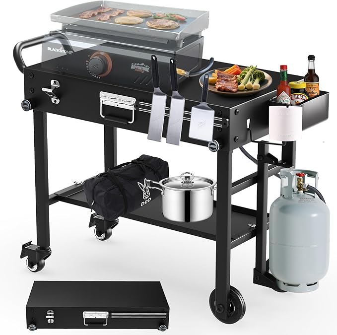 Portable Griddle Stand for Blackstone 17 Inch & 22 Inch - Heavy-Duty Grill Table for Blackstone, Ooni Pizza Oven, Ninja Outdoor Grill Cart with Wheels, Gas Tank Holder & Storage