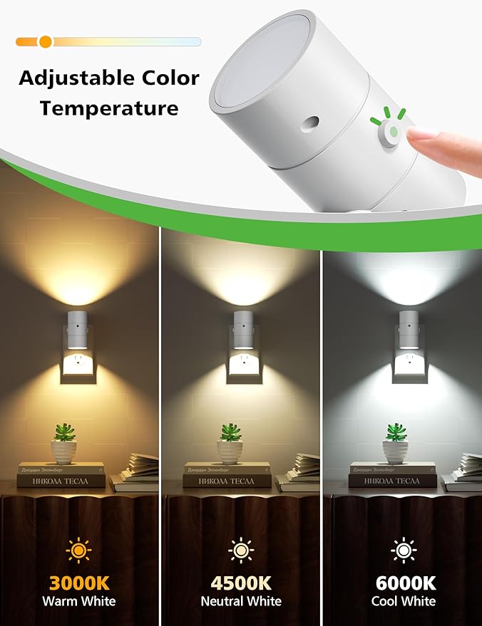 JOFIOS Night Lights Plug Into Wall,3 Color Temperatures LED Night Light Plug in,Dusk to Dawn Sensor,0-100LM Adjustable Brightness,Dimmable Night Lights for Hallway Bathroom Stair Bedroom,White,8 Pack