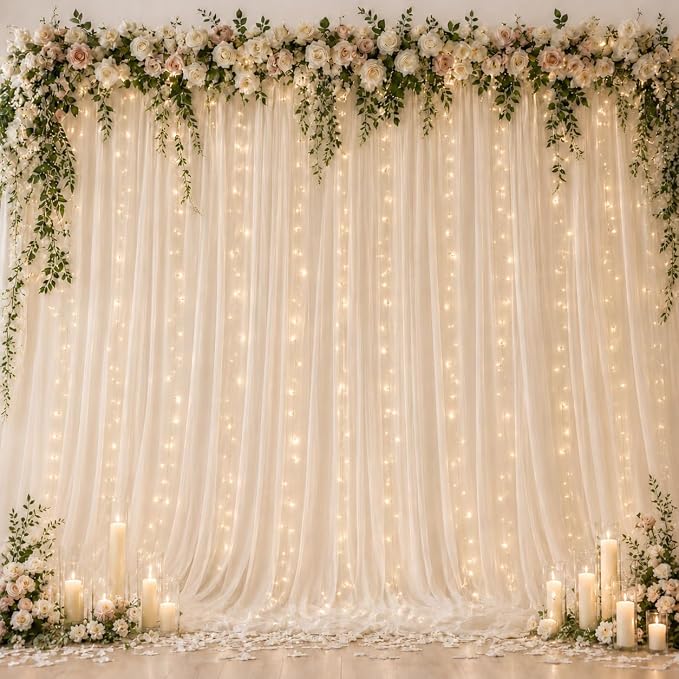 Ledido 3 Pack 10×10ft Beige Tulle Backdrop Curtains with Lights String - 900LED Fairy Lights Sheer Curtain Backdrop for Wedding Baby Shower Photo Shoot Birthday Party Decoration(6 Panels 5×10ft)，Beige