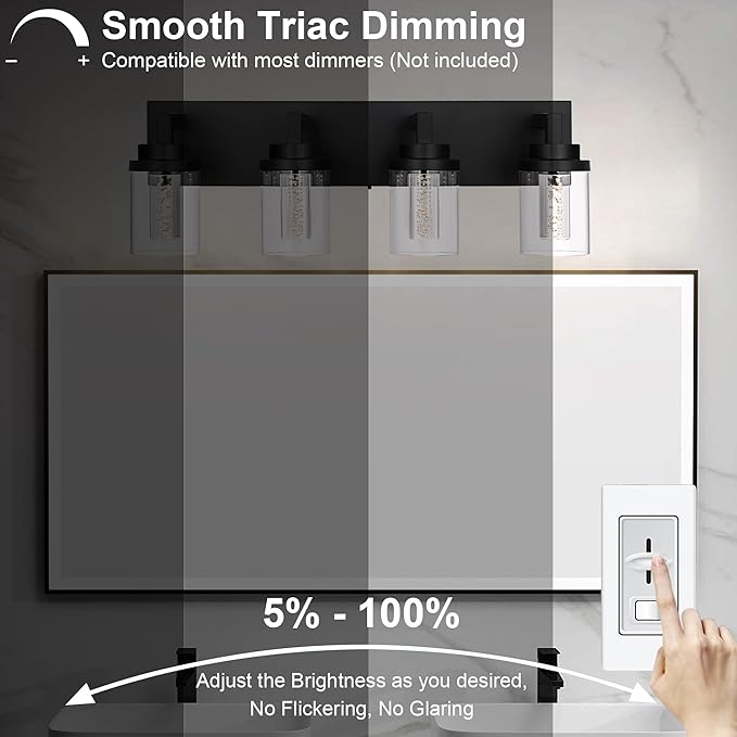 MELUCEE 4-Light 5 Color Dimmable Vanity Lights for Bathroom Bubble Crystal LED Bathroom Lighting Fixtures Over Mirror, Black LED Wall Sconce with Clear Glass Shade, Built-in Led Chips