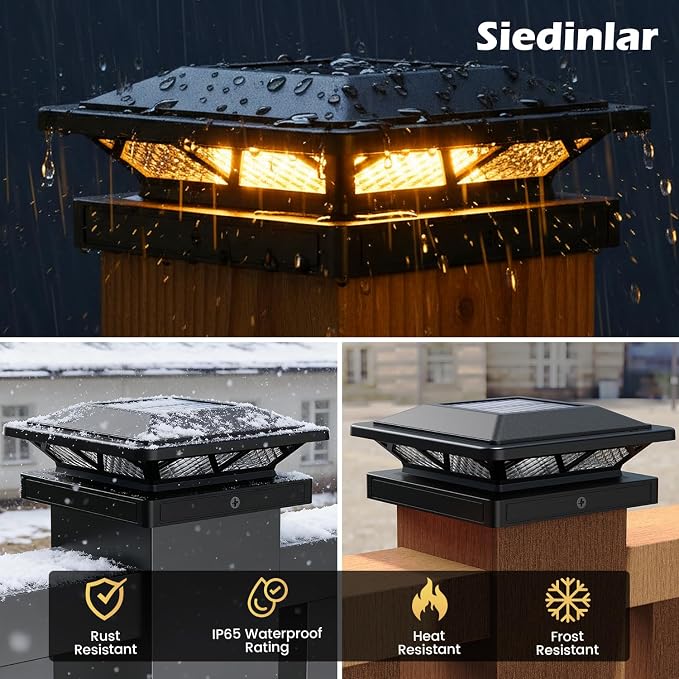 SIEDiNLAR Solar Post Cap Light 2 Modes 2 Pack, 3.5x3.5 4x4 4.5x4.5 5x5 Wooden/Vinyl Posts, Waterproof Outdoor Lighting for Fence Deck Patio Garden Decor, White/Warm (Black)