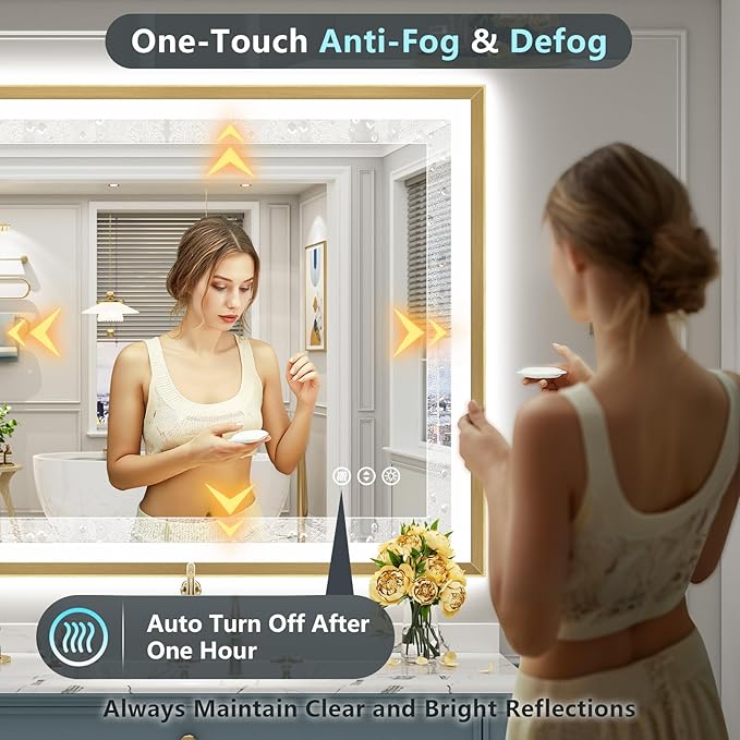 48x40 Gold Beveled LED Bathroom Mirror with Lights, Brushed Gold Framed Backlit and Front Lit Anti-Fog Lighted Vanity Mirrors for Bathroom Wall, Dimmable, 3 Colors, Memory, HD Tempered Glass