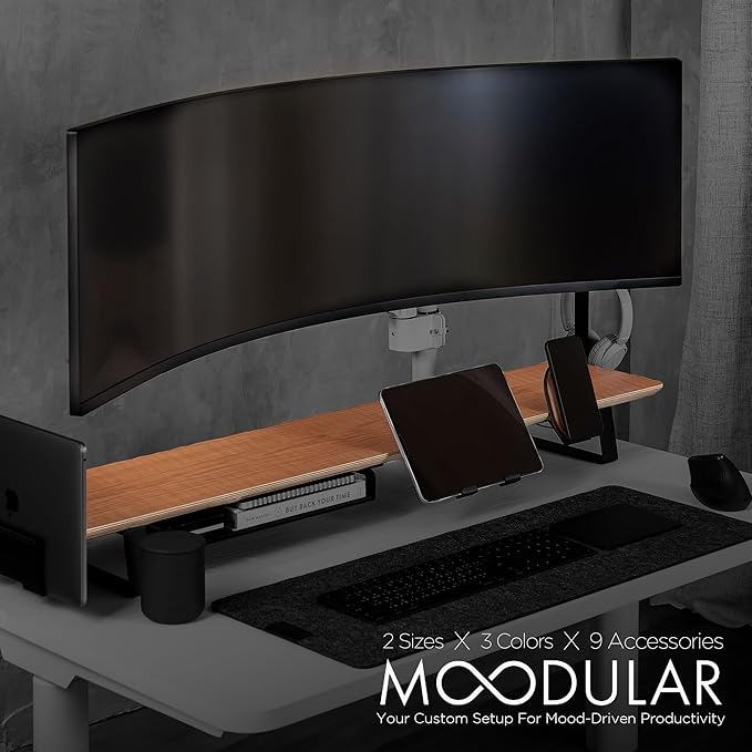 ULTRARM Moodular Wooden Monitor Stand 45.6” (116cm) Large Desk Organizer with Metal Slide Rails for Drawer, Tray, Laptop, Tablet, Phone & Headphones Customizable Riser for Organized Workspace Oak
