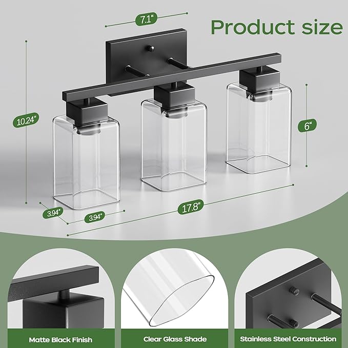 PARTPHONER 3-Light Bathroom Light Fixtures, Matte Black Modern Vanity Lights, Bathroom Lighting Fixtures Over Mirror, Square Design Farmhouse Wall Sconces with Clear Glass Shades