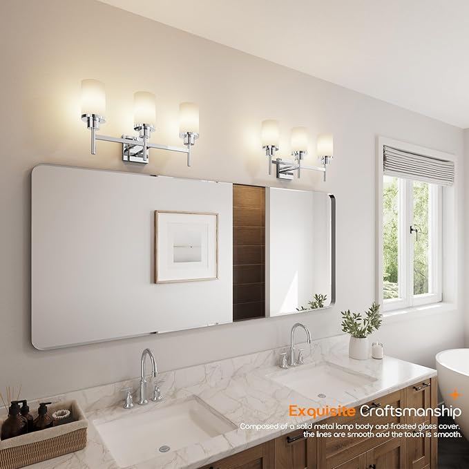 Bathrom Light Fixtures Polished Chrome 3 Vanity Lights with White Frosted Glass Shade, Wall Lamps Over Mirror for Bath Washroom Bedrom T001CH-L3