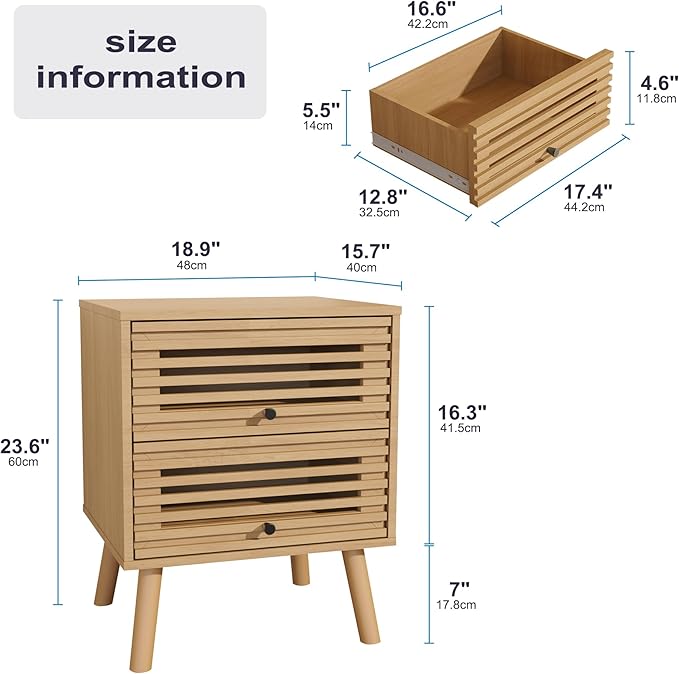 Nightstand, Side Table, End Table, Mid Century Modern Nightstand with Hollowed Drawers, Bedside Tables, Small Nightstands with Storage for Bedroom, Oak