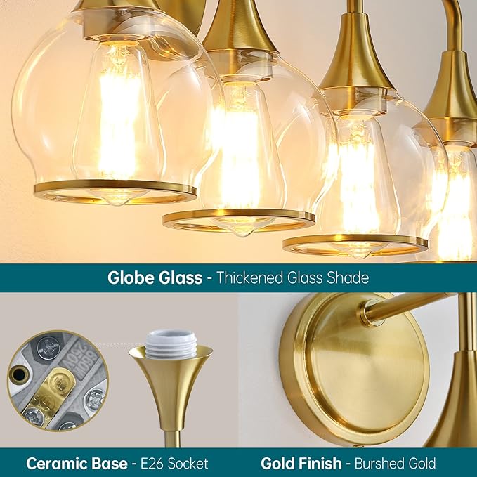 Gold Bathroom Vanity Light 4-Light Bathroom Vanity Light Fixtures Over Mirror with Clear Glass Shade 30.7 inch Wall Sconce Lighting Bath(Exclude E26 Bulb)