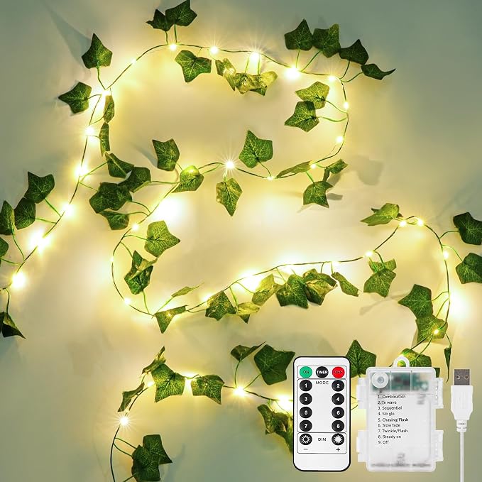 KASZOO 33ft 100 LED Vine with Fairy Lights with Remote, Fake Vines String Lights Battery/USB Operated, Ivy Garland, Leaf Lights for Bedroom Garden Party Wall Room Decor