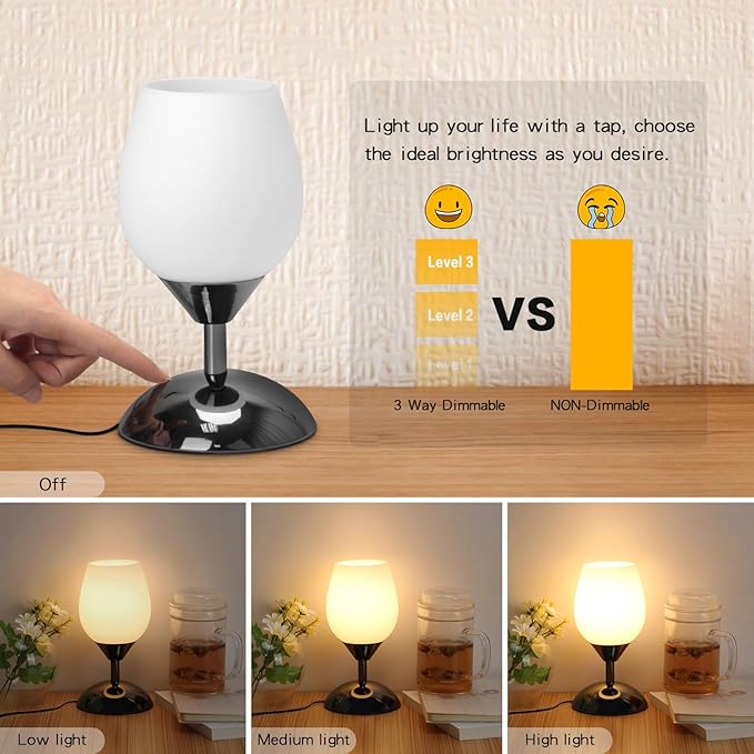 Boncoo Touch Control Table Lamp Dimmable Small Lamp, Ambient Light with Opal Glass Shade Simple Night Light, Modern Accent Lamp Bedside Nightstand Lamp for Bedroom Living Room, E12 Bulb Included
