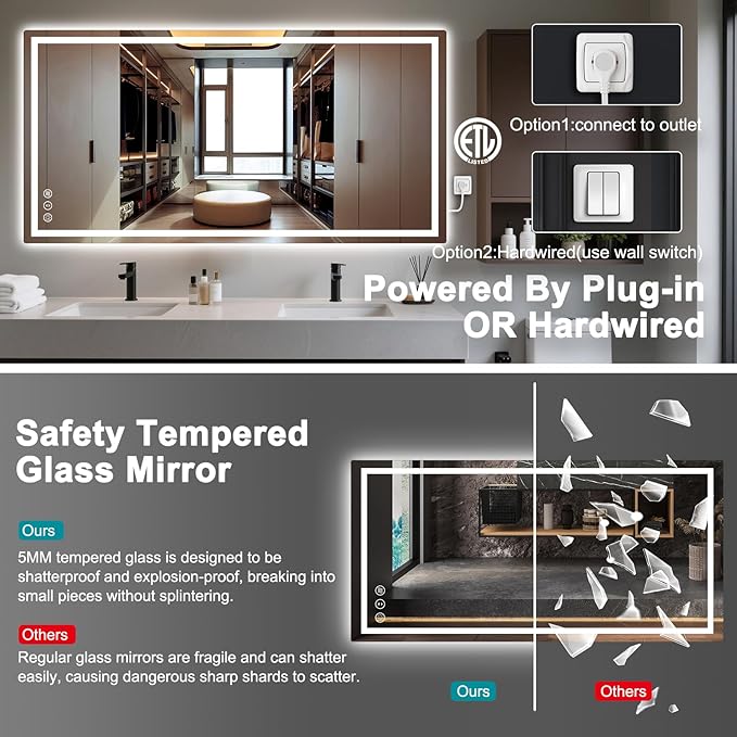 60x36 LED Bathroom Mirror with Lights, Anti Fog Vanity Mirror Wall Mounted, Dimmable Front Light and Backlight, Memory Function Tempered Glass, Shatter Proof ETL Listed