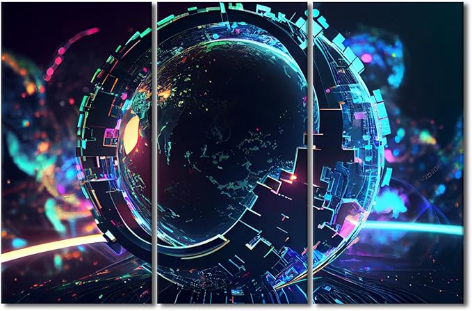 TUMOVO 3 Panel Wall Art Neon Colorful Global World in Cyber Space Poster on Canvas, Modern Wall Art for Home Office Decoration, Concept Artwork Stretched Framed Ready to Hang, 42" Wx28 H
