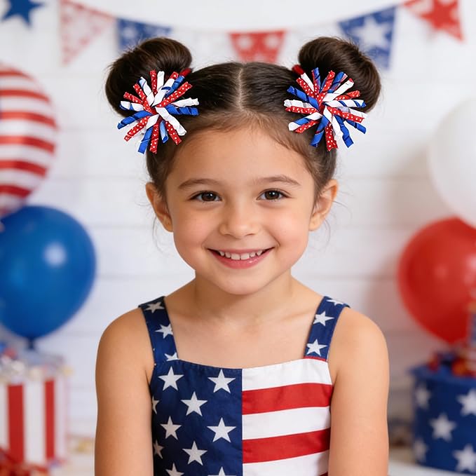 Yxiang Patriotic Korker Hair Bow Clips Hair Accessories for Kids Girls 4th of July Party Accessories Red White Blue Bows Favors Decorations 2pcs