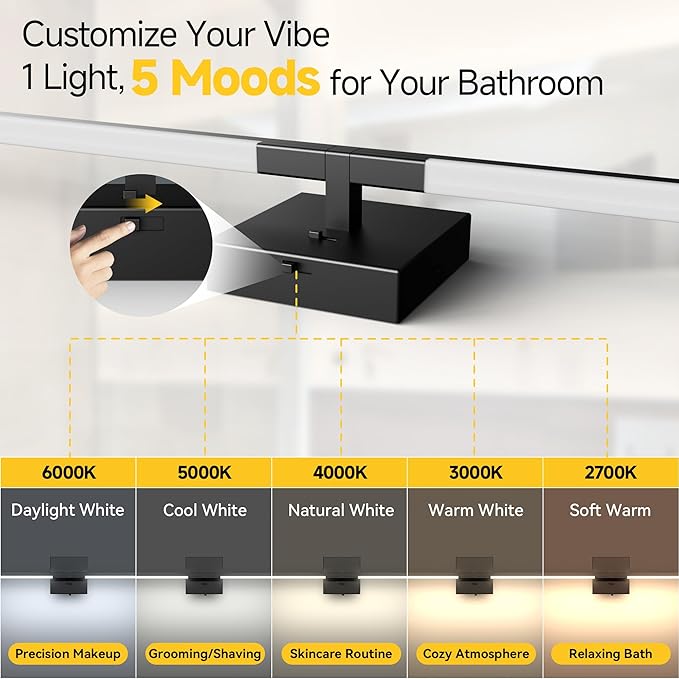 Vanity Lights 48 inch, 4-Level Brightness Built-in Dimmer, 28W Dimmable 5CCT Bathroom Light Fixtures Over Mirror, Black Vanity Lights for Bathroom Mirror Cabinets Bedroom-FCC ETL Certified