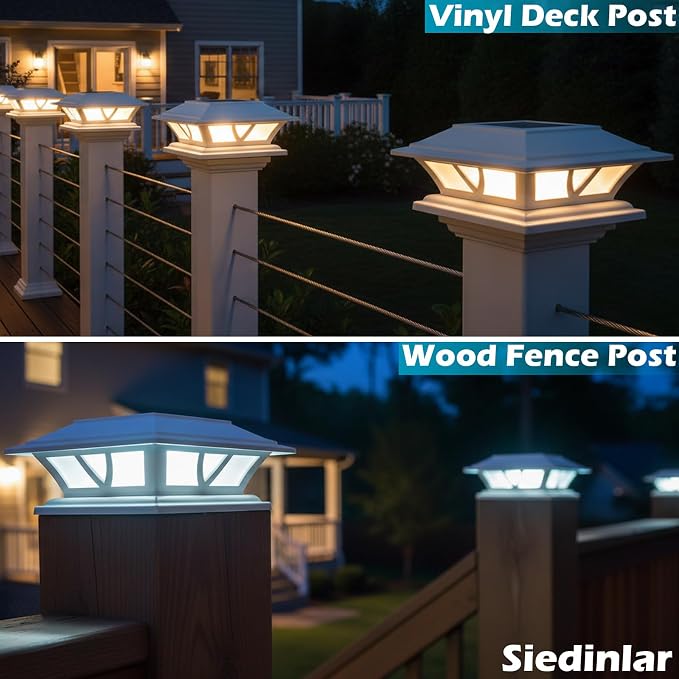 SIEDiNLAR Solar Post Lights Outdoor 2 Modes LED Fence Deck Cap Light for 4x4 5x5 6x6 Posts Garden Patio Decoration Warm White/Cool White Lighting White (10 Pack)