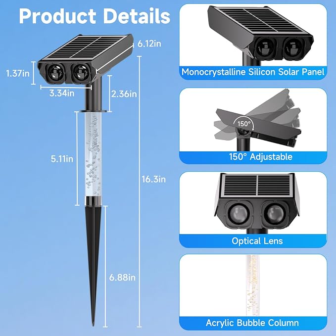 RGB Solar Spot Lights : 2 IN 1 Solar Lights Outdoor with 8 Lighting Modes & PC Light Guide Column for Tree Garden Yard Pathway | RGB Color Changing Landscape Lights | IP65 Waterproof | 12 Pack