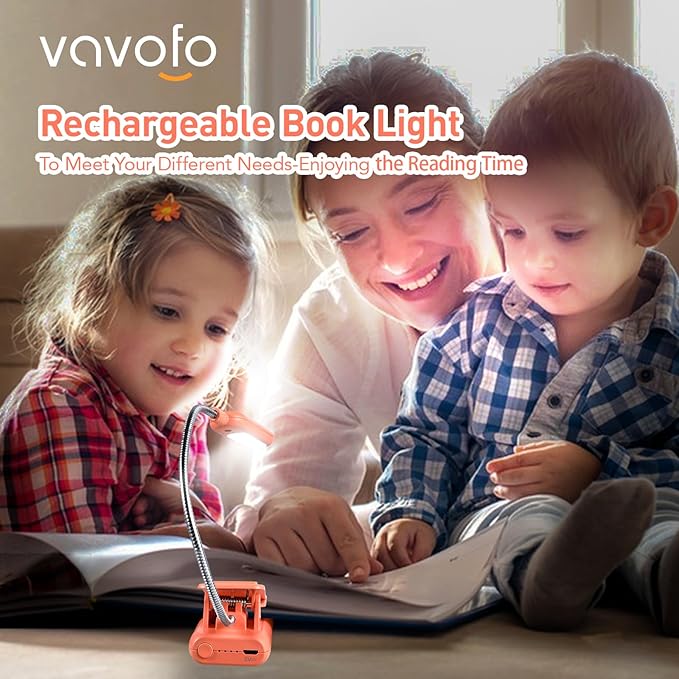 VAVOFO Rechargeable Book Light for Reading in Bed Kids, 7 LED Reading Light with 9-Level Warm Cool White Daylight, Eye Care Lamp with Power Indicator for Bookworms (Orange)