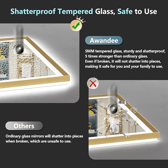 84x32 Gold Beveled LED Bathroom Mirror with Lights, Brushed Gold Framed Backlit and Front Lit Anti-Fog Lighted Vanity Mirrors for Bathroom Wall, Dimmable, 3 Colors, Memory, HD Tempered Glass