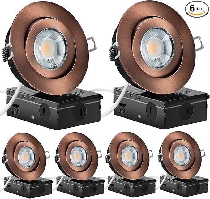 KnLnny Ware Bronze 4 Inch Led Gimbal Recessed Lights 6 Pack, Eyeball Soffit Lights with Junction Box,5CCT Selectable,9W 750LM,Dimmable