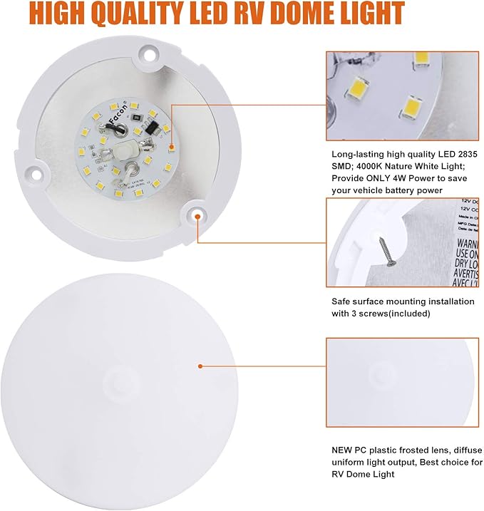 Facon 6-Pack Ultra Slim 4.5'' 12V RV Puck Lights w/Switch, SY-SM45 4000K Cool White LED Interior Lights for RVs, Camper Van, Boats, 12V Dome Light Fixture – cETL Certified