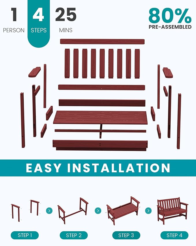 SERWALL Outdoor Bench, HDPE Outdoor Benches Weatherproof, 2-Person Garden Bench with 660 lbs Weight Capacity, Patio Benches for Outdoors, Garden, Porch, Backyard and Park, Red, 2 Pack