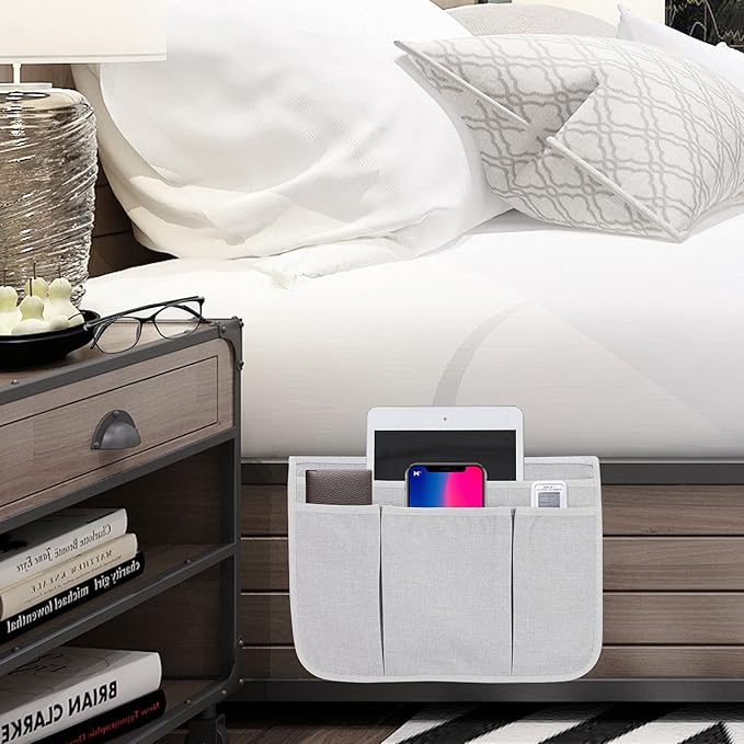 Bedside Caddy Bedside Storage Organizer Magazine Phone Tablet iPad Remote Holder, Organizer Caddy for Home College Dorm Bed, Sofa, Bunk Bed (Silver Gray)