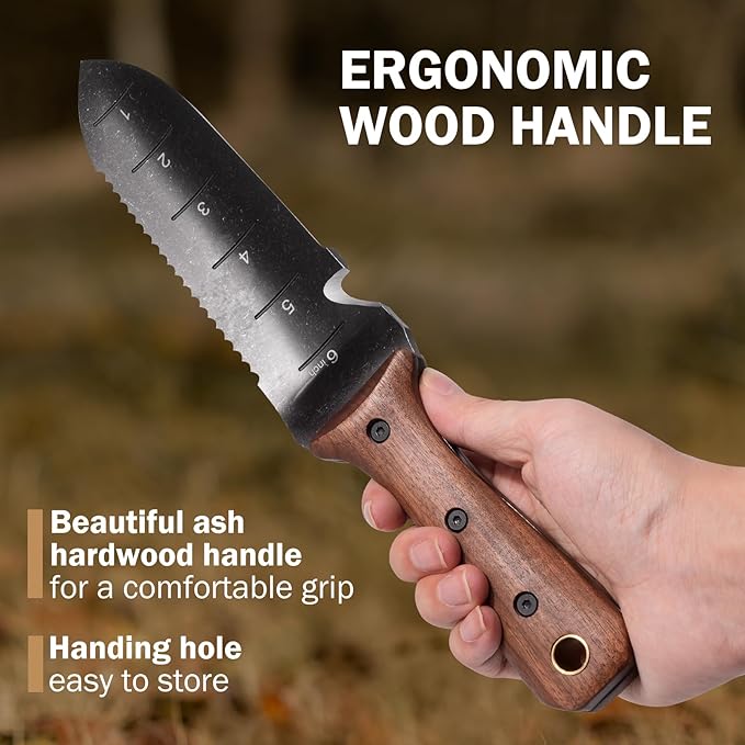 Hori Hori Garden Knife, Garden Tools with Sheath for Weeding,Planting,Digging, 7" Stainless Steel Blade with Cutting Edge, Full-Tang Walnut Wood Handle with Hanging Hole