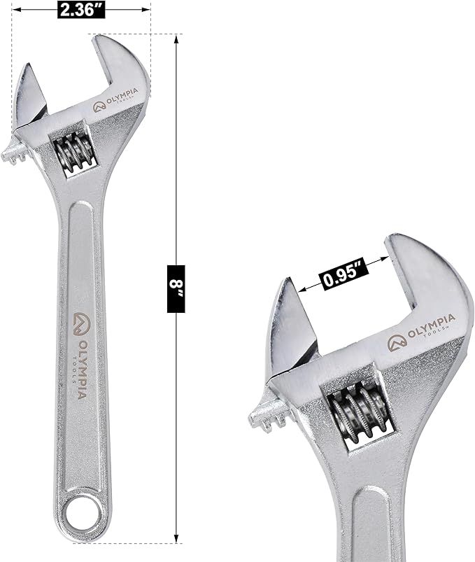 Olympia Tools 8" Adjustable Wrench, Heavy Duty Drop Forged Steel, Chrome Plated, Precision Machined Jaws, Rust Resistant