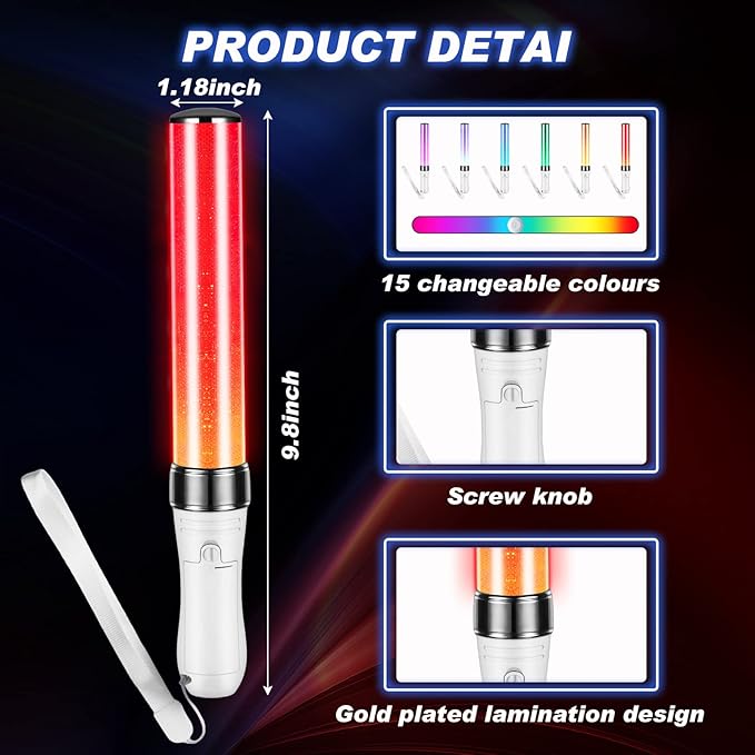 Lewtemi 10 Pcs K-pop Lightstick LED Glow Sticks 15 Color Reusable J-pop Concert Stick, Manual and Automatic Mode, Idol Flashing Glow Sticks for Raves Emergency Camping Party Supplies