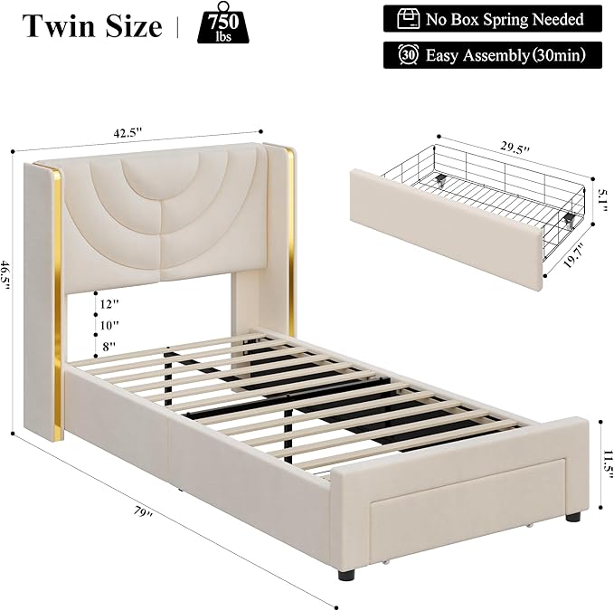 HITHOS Twin Upholstered LED Bed Frame with Storage Drawer, Velvet Kids Bed with Wingback Headboard, Princess Twin Platform Bed for Girls/Kids, Solid Wood Slats Support, No Box Spring Needed, Beige