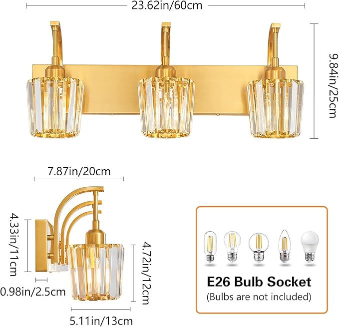 Modern Bathroom Vanity Light, 3-Light Gold Wall Sconce with Crystal Accents, Over Mirror Bathroom Lighting Fixture, 23.62" Long Dimmable Vanity Lamp for Makeup, Easy Installation