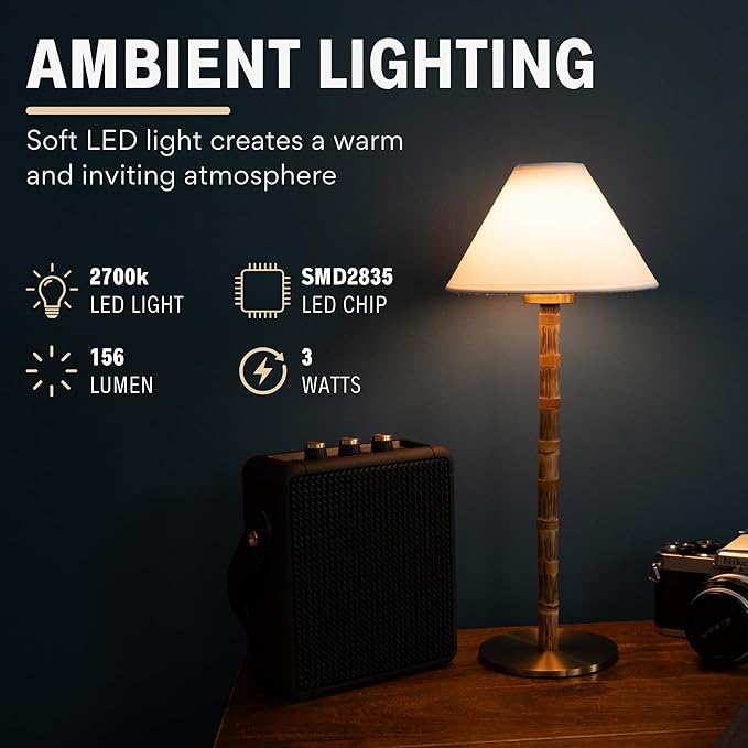 Bamboo Cordless LED Table Lamp – Rechargeable 24-Hour Battery, Dimmable Warm Light, 15" Portable Wireless Lamp with Remote for Indoor/Outdoor Use, Home, Patio, Restaurant – Coastal White