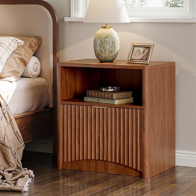 Evermagin Fluted Nightstand Set of 2, Walnut Bedside Table with Drawer and Storage, Wood End Table Mid Century Modern, Large Night Stand for Bedroom