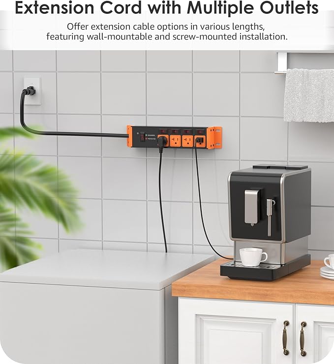 CCCEI Heavy Duty Surge Protector Power Strip 20 Amp Individual Switches. 4FT 12 Gauge Extension Cord with Multiple Outlets. Kitchen, Garage, Shop, Industrial Wall Mount Electric Extender, Orange.