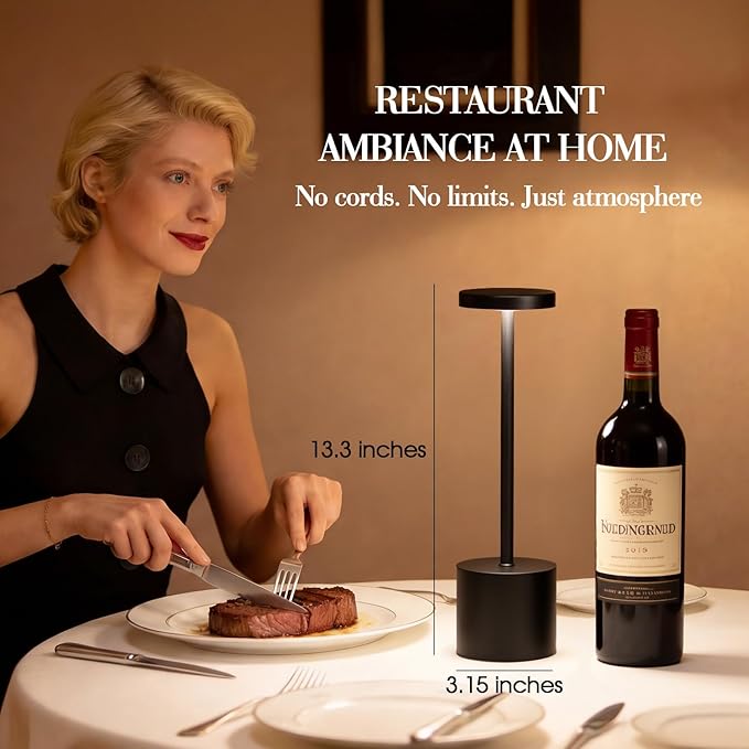 AUDLES Cordless Table Lamp, 5000mAh Rechargeable Lamp with Touch Control & Stepless Dimming, 3 Light Modes, IP54 Waterproof Portable Light for Dining Table, Patio, Bathroom, Power Outage (Black)