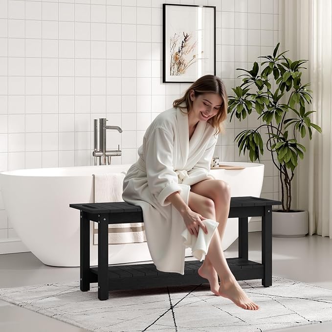 41" Shower Bench, Waterproof Poly Lumber Shower Stool for Shaving Legs, Shower Chair Seat Holds up to 400lbs, Bathroom Bench for Inside Shower, Non-Slip (Black)