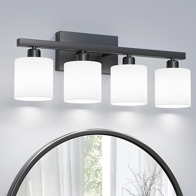 PARTPHONER Bathroom Light Fixtures, Bathroom Lighting Fixtures Over Mirror, Interior Classic Vanity Lights, Modern Vanity Light with Textured White Glass Shade, Matte Black, 4-Light
