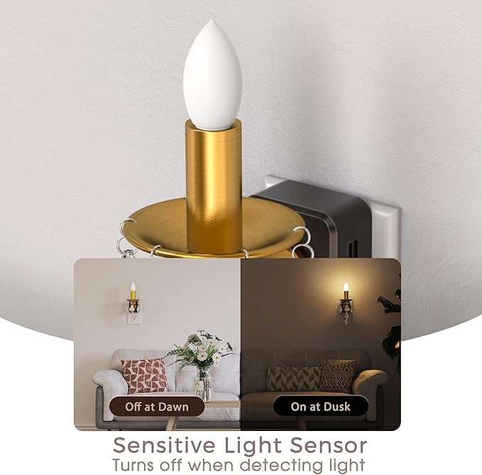 Briignite Chandelier Night Lights Plug into Wall, LED Warm Night Light with Dusk to Dawn Sensor, 0-100LM Dimmable, Decorative Gold Candle-Style Nightlight for Bedroom, Bathroom, Hallway, Stairway