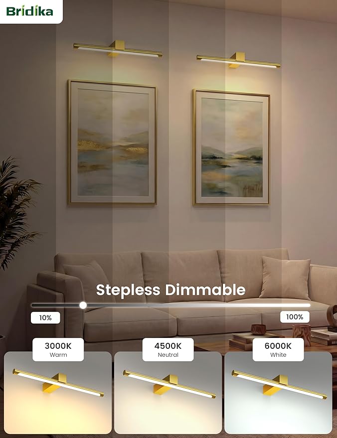 Bridika Metal Picture Light for Wall 15.7inch, Battery Operated Art Light for Paintings Wireless with Remote & Timer, 3 CCT, Dimmable Wall Lights for Picture, Gallery, Artwork,Portrait Gold 1