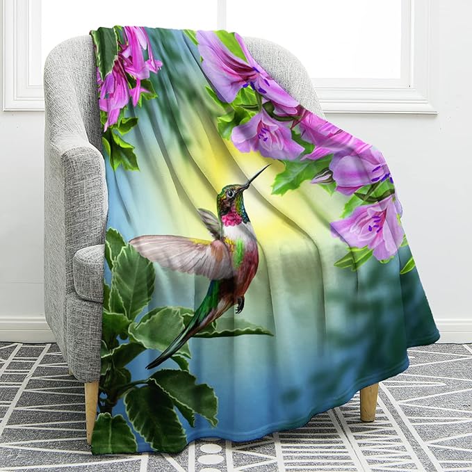 Jekeno Hummingbird Floral Blanket Gifts for Women Kids Girls Mom Wife Birthday Mother's Day Presents Home Bedroom Pink Flowers Bird Decor Soft Cozy Lightweight Plush Throw Blanket 50"x60"