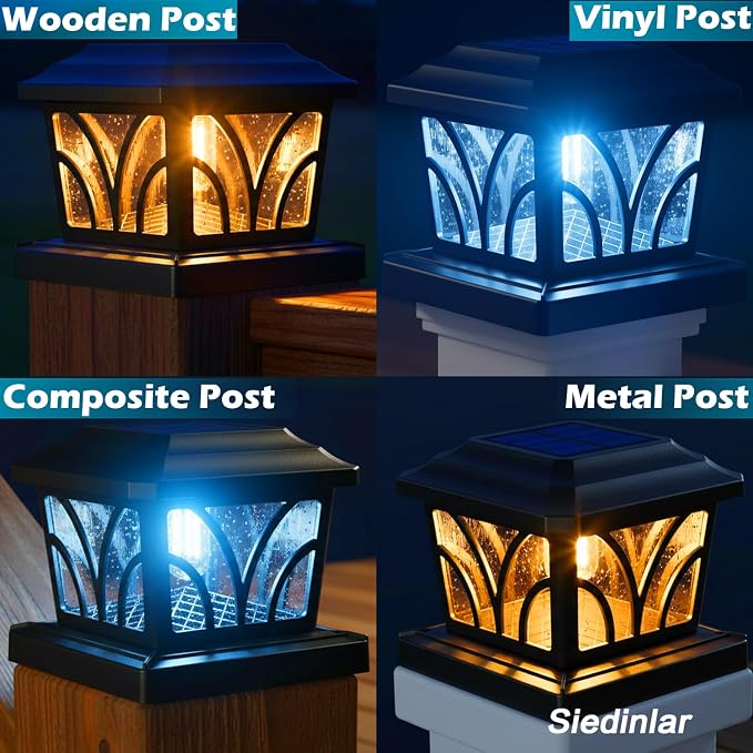 SIEDiNLAR Solar Post Cap Lights Outdoor, Aluminum Glass 2 Modes Edison LED Bulbs for 4x4 5x5 6x6 Vinyl Wooden Posts Deck Fence Patio Decor, Warm White/Cool White Lighting 6 Pack (Black)