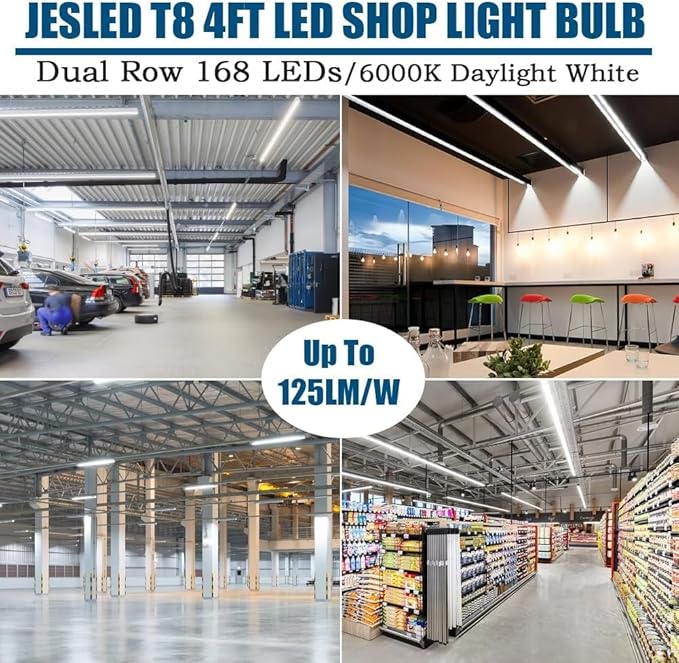 JESLED T8 LED 4FT Type A+B Light Bulbs, 24W(65W Equivalent), 3000LM, 6000K Super Bright, Plug and Play or Ballast Bypass, 4 Foot LED Fluorescent Tube Replacement, ETL Listed, Dual-Ended, Clear(6-Pack)