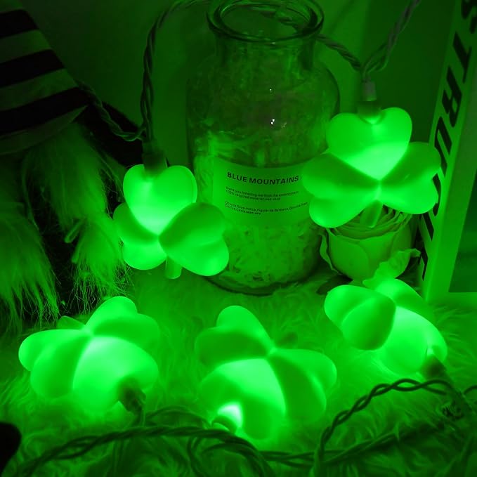 St Patricks Day Decorations Shamrock String Lights, 8.5FT Green Lucky Clover String Lights Waterproof with 10 Green LED Lights for Indoor Outdoor St. Patrick's Day Party Decorations, White Wire