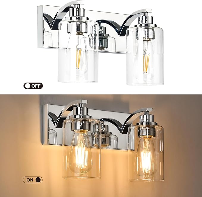 2-Light Bathroom Light Fixtures Modern Chrome Vanity Lights for Bathroom Lighting Fixtures Over Mirror with Clear Glass Shade for Cabinet Mirror Bedroom Hallway