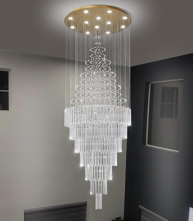 W32 x H120 Glam Chandelier with LED Bulbs Crystal Raindrop High Ceiling Pendant Light for Entrance Large Villa Chandelier Foyer Lighting Fixtures Gold