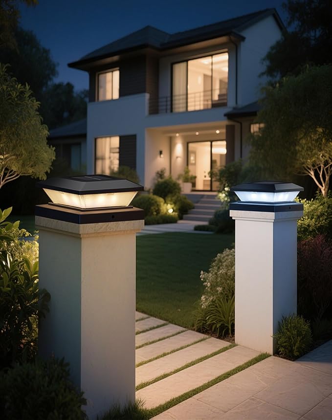 4x4-Solar-Post-Cap-Lights-Outdoor 16 Pack Solar Powered Fence Post Lights 3 Lighting Modes Deck Postcap Light for 3.5x3.5 4x4 Wood/Vinyl Posts LED Waterproof Garden Patio Porch Posts Lighting Black