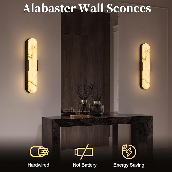 2 Pack Alabaster Wall Sconces 20" Spanish Natural Marble Wall Lights, Indoor Black Mid Century Marble Wall Lighting Bathroom Alabaster Wall Lamps for Bedroom Living Room Stairway Cafe